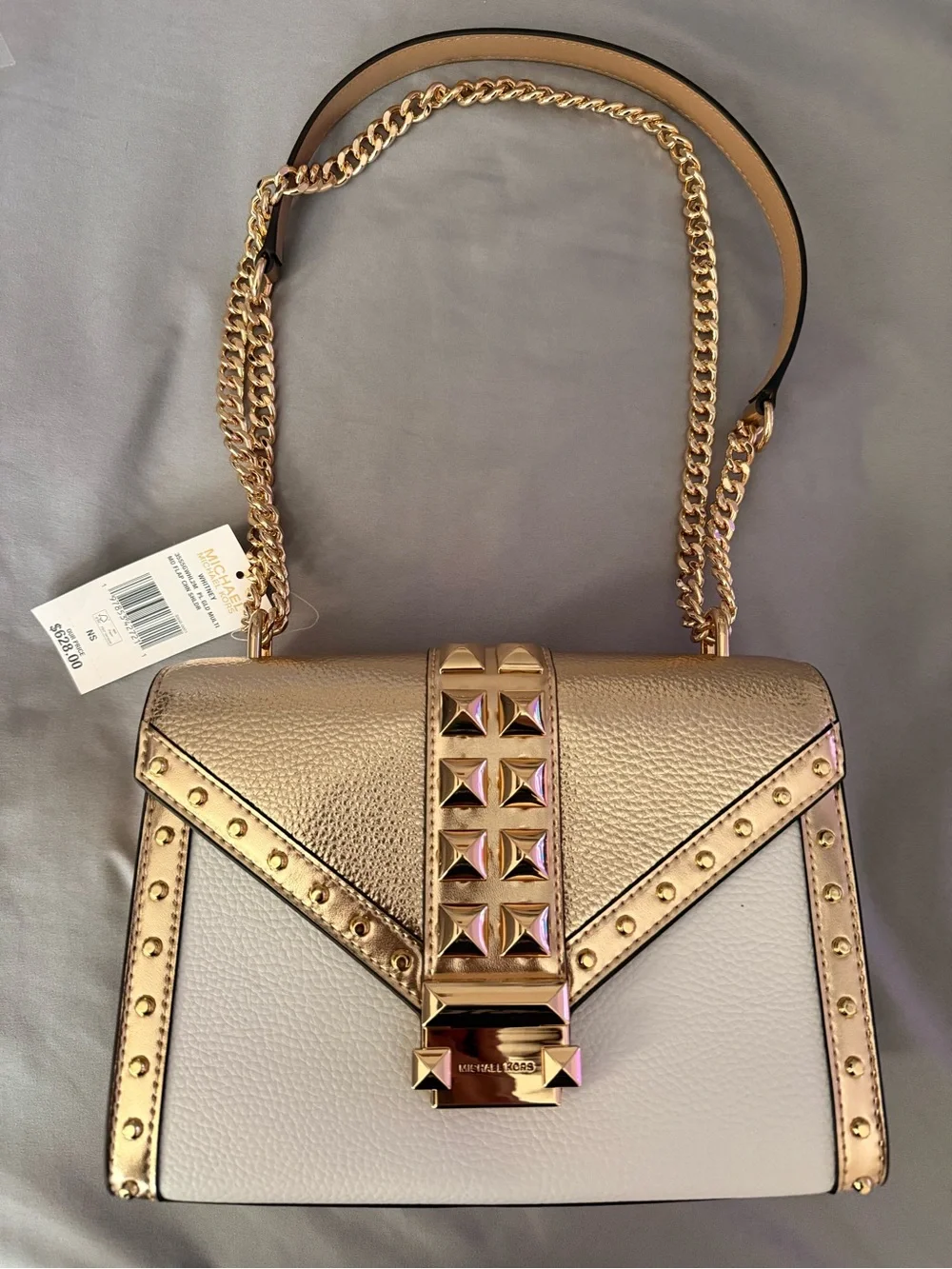 Michael Kors Gold and White Studded Leather Shoulder Bag